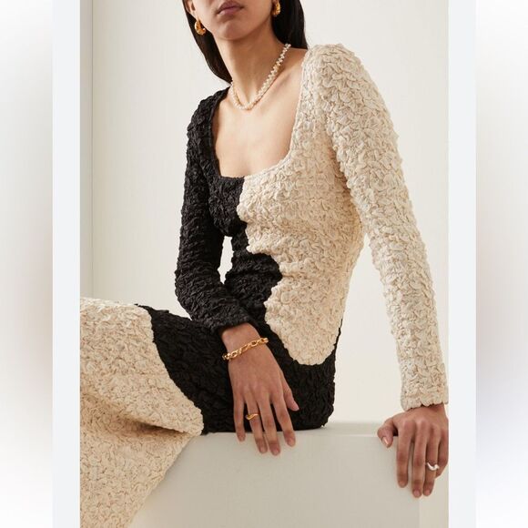 New Mara Hoffman Amy Popcorn Midi Dress Black/ Cream Large - Picture 5 of 16